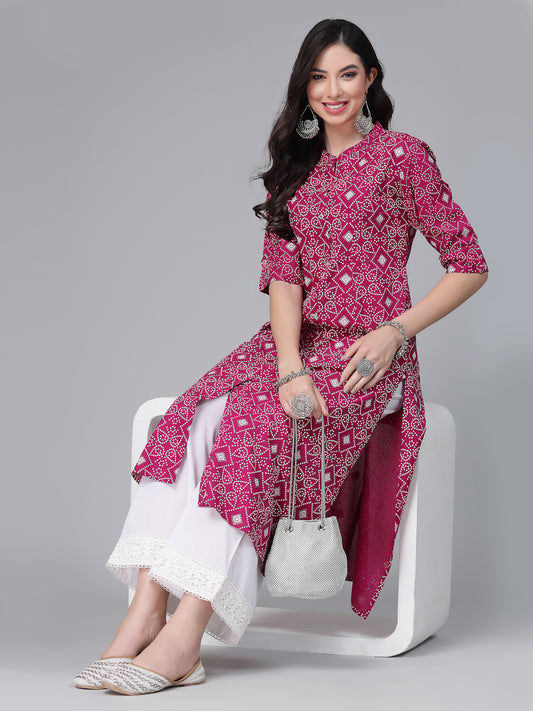 Magenta Printed Rayon A-Line Kurta