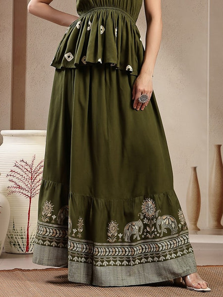 Stylum Women's Green Animal & Floral Printed Tiered Rayon Skirt (SKOLIVEJONES)