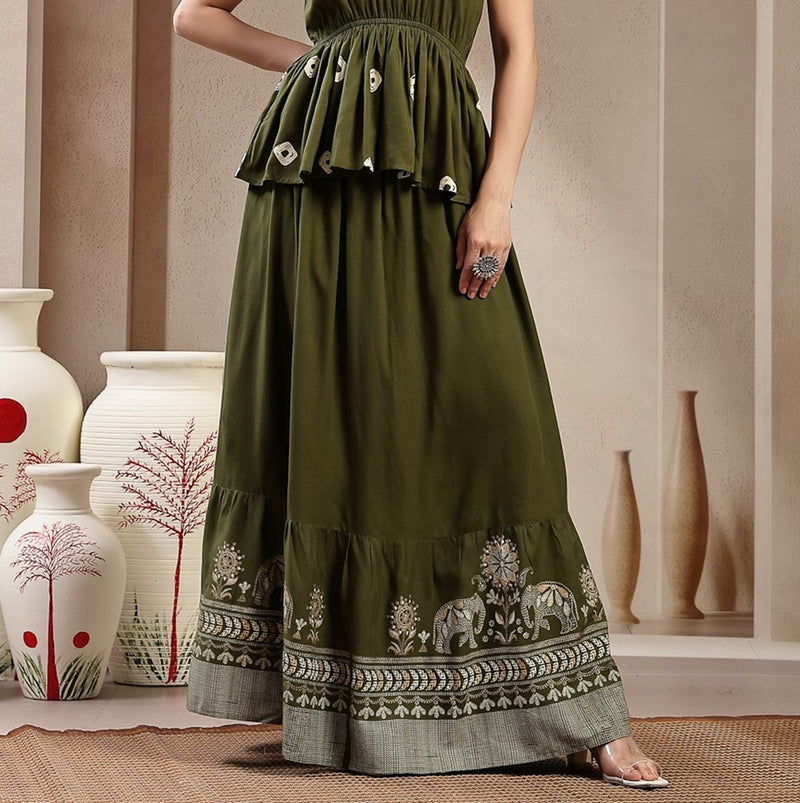 Stylum Women's Green Animal & Floral Printed Tiered Rayon Skirt (SKOLIVEJONES)