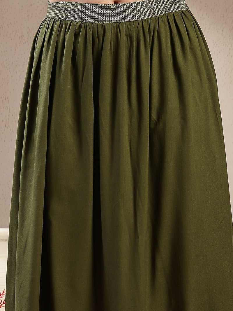 Stylum Women's Green Animal & Floral Printed Tiered Rayon Skirt (SKOLIVEJONES)