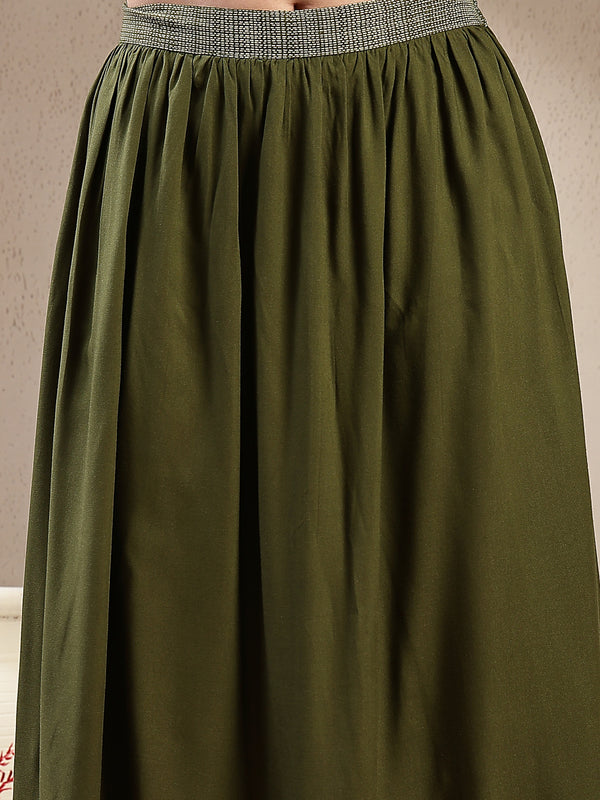 Stylum Women's Green Animal & Floral Printed Tiered Rayon Skirt (SKOLIVEJONES)