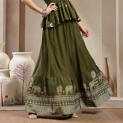 Stylum Women's Green Animal & Floral Printed Tiered Rayon Skirt (SKOLIVEJONES)