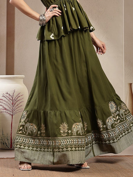 Stylum Women's Green Animal & Floral Printed Tiered Rayon Skirt (SKOLIVEJONES)