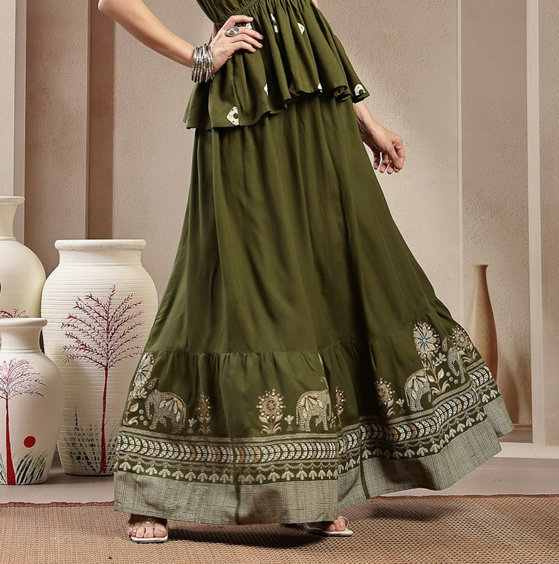 Stylum Women's Green Animal & Floral Printed Tiered Rayon Skirt (SKOLIVEJONES)