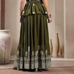 Stylum Women's Green Animal & Floral Printed Tiered Rayon Skirt (SKOLIVEJONES)