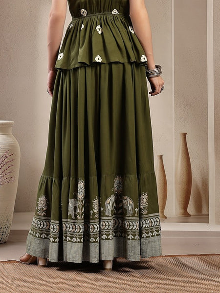 Stylum Women's Green Animal & Floral Printed Tiered Rayon Skirt (SKOLIVEJONES)