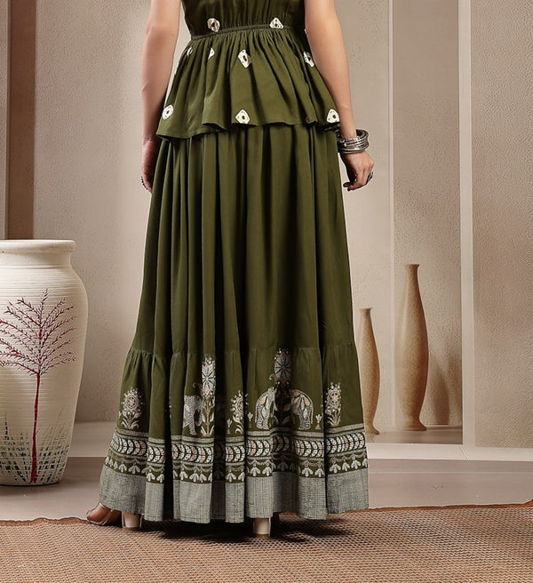 Stylum Women's Green Animal & Floral Printed Tiered Rayon Skirt (SKOLIVEJONES)