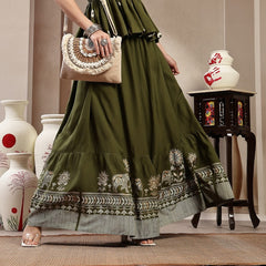Stylum Women's Green Animal & Floral Printed Tiered Rayon Skirt (SKOLIVEJONES)