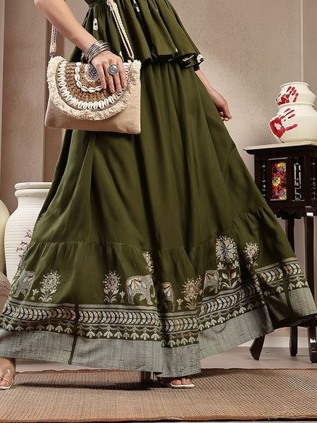 Stylum Women's Green Animal & Floral Printed Tiered Rayon Skirt (SKOLIVEJONES)