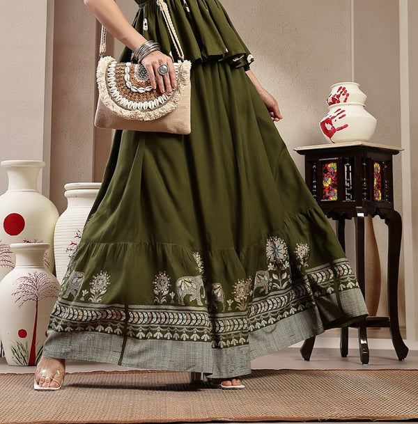 Stylum Women's Green Animal & Floral Printed Tiered Rayon Skirt (SKOLIVEJONES)