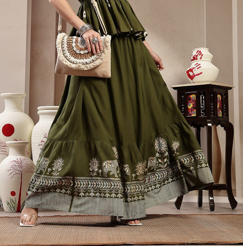 Stylum Women's Green Animal & Floral Printed Tiered Rayon Skirt (SKOLIVEJONES)