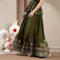 Stylum Women's Green Animal & Floral Printed Tiered Rayon Skirt (SKOLIVEJONES)