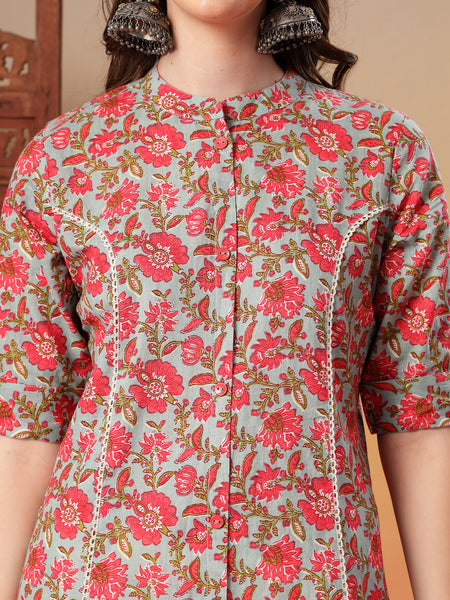 Stylum Women's Sky Blue Floral Printed Cotton A-Line Kurta (SKYBELLA)