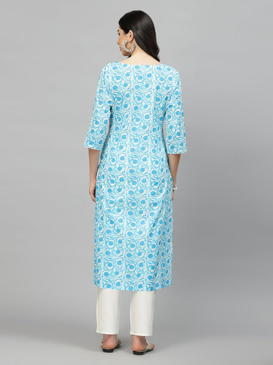 Stylum Women's Printed Cotton Slub Straight Kurta (SKYBIRD)