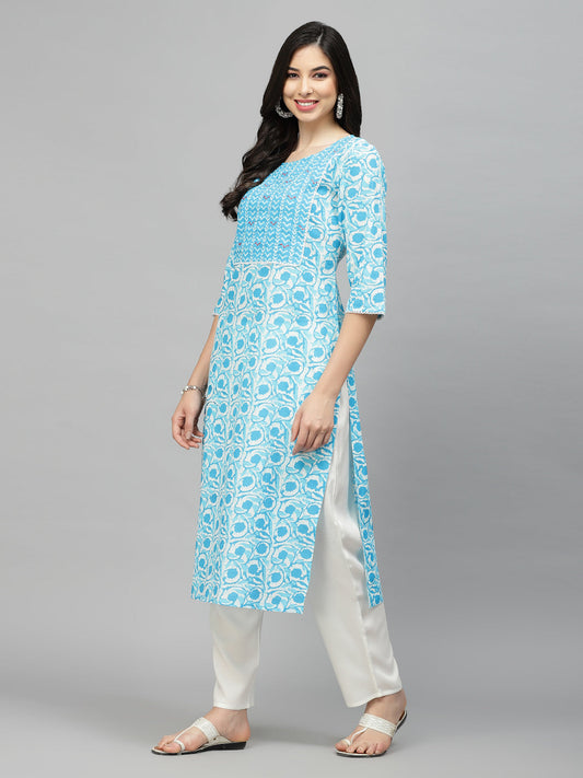 Stylum Women's Printed Cotton Slub Straight Kurta (SKYBIRD)