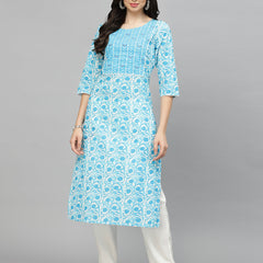 Stylum Women's Printed Cotton Slub Straight Kurta (SKYBIRD)