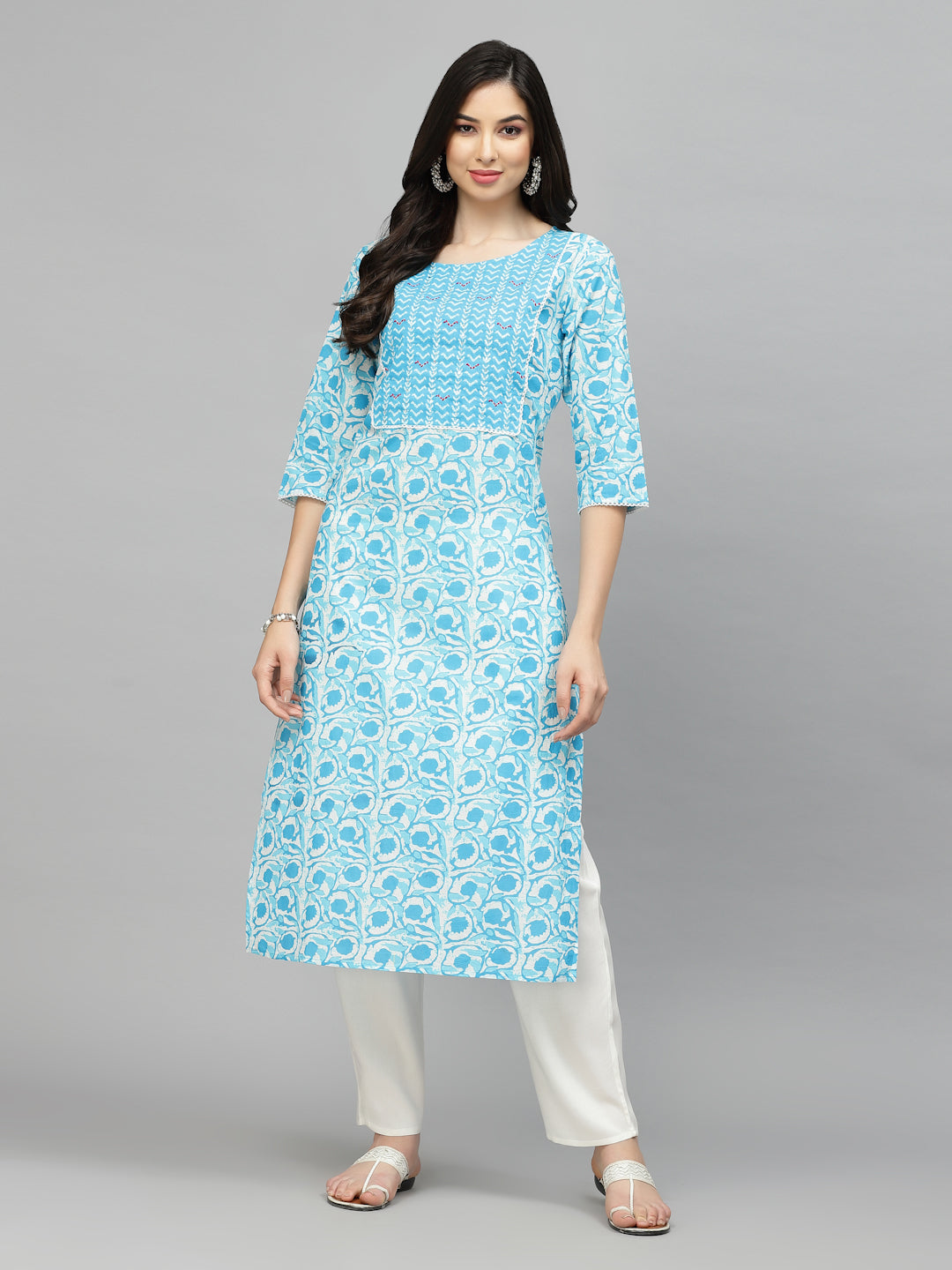 Stylum Women's Printed Cotton Slub Straight Kurta (SKYBIRD)