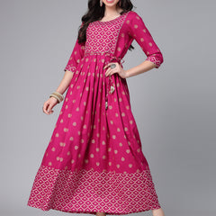 Stylum Women's Gold & Khari Printed Rayon Flared Kurta (SONYGEM)