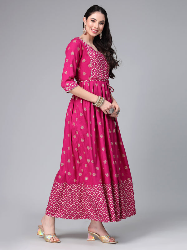 Stylum Women's Gold & Khari Printed Rayon Flared Kurta (SONYGEM)