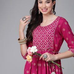 Stylum Women's Gold & Khari Printed Rayon Flared Kurta (SONYGEM)