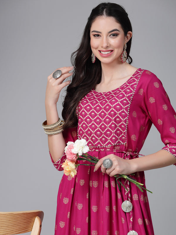 Stylum Women's Gold & Khari Printed Rayon Flared Kurta (SONYGEM)