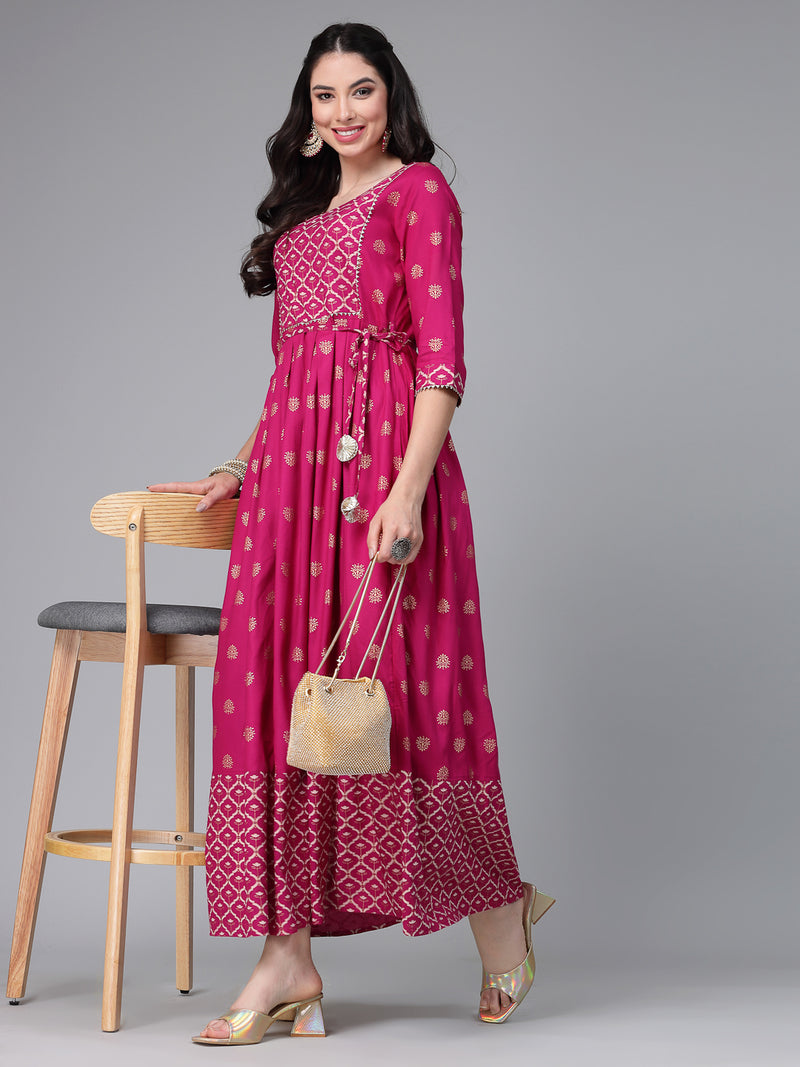 Stylum Women's Gold & Khari Printed Rayon Flared Kurta (SONYGEM)