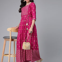 Stylum Women's Gold & Khari Printed Rayon Flared Kurta (SONYGEM)