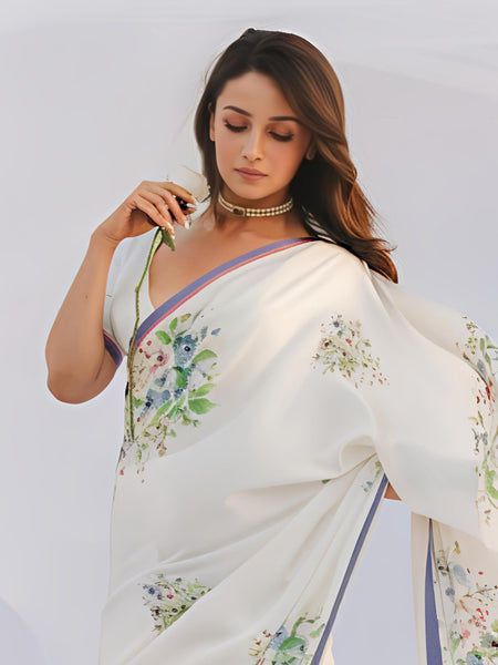 Stylum Women's White Weightless Digital Printed Polyester Saree (SRAALIYAWHITE)