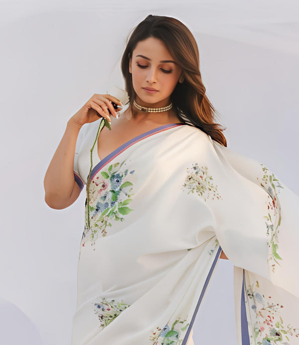 Stylum Women's White Weightless Digital Printed Polyester Saree (SRAALIYAWHITE)