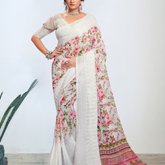 Stylum Women's White Digital Printed Embroidered Border Pestal Saree (SRALBELIWHITE)