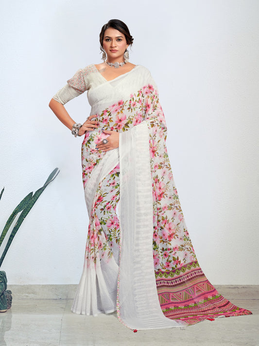 Stylum Women's White Digital Printed Embroidered Border Pestal Saree (SRALBELIWHITE)