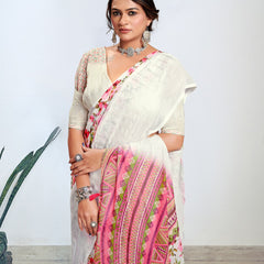 Stylum Women's White Digital Printed Embroidered Border Pestal Saree (SRALBELIWHITE)