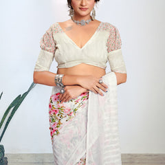 Stylum Women's White Digital Printed Embroidered Border Pestal Saree (SRALBELIWHITE)