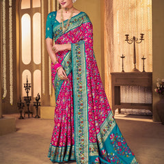 Stylum Women's Magenta Ikat Motifs Print With Foil Border Saree (SRANMOLMAGENTA)