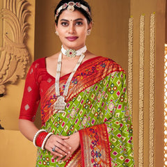 Stylum Women's Mehandi Green Ikat Motifs Print With Foil Border Saree (SRANMOLMEHANDI)