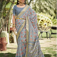 Stylum Women's Grey Ikat Motifs Printeed Foil Border Silk Saree (SRANURAGREY)