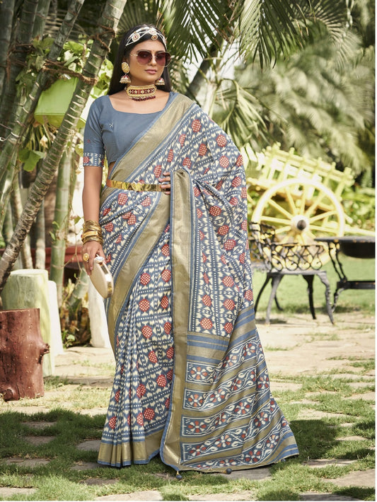 Stylum Women's Grey Ikat Motifs Printeed Foil Border Silk Saree (SRANURAGREY)