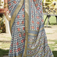 Stylum Women's Grey Ikat Motifs Printeed Foil Border Silk Saree (SRANURAGREY)