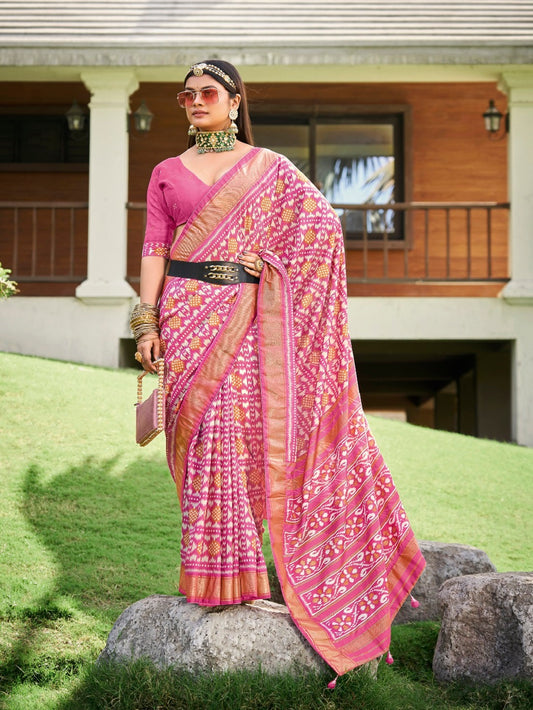 Stylum Women's Mauve Ikat Motifs Printed Foil Border Silk Saree (SRANURAMAUVE)