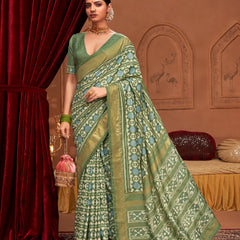 Stylum Women's Mehandi Ikat Motifs Printed Foil Border Silk Saree (SRANURAMEHANDI)