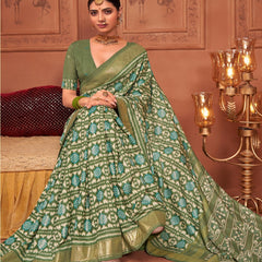 Stylum Women's Mehandi Ikat Motifs Printed Foil Border Silk Saree (SRANURAMEHANDI)