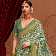 Stylum Women's Mehandi Ikat Motifs Printed Foil Border Silk Saree (SRANURAMEHANDI)