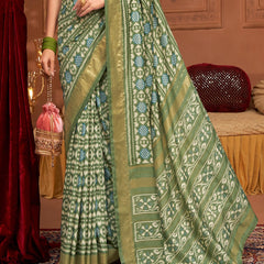 Stylum Women's Mehandi Ikat Motifs Printed Foil Border Silk Saree (SRANURAMEHANDI)