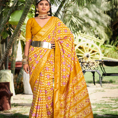 Stylum Women's Mustard Ikat Motifs Printed Foil Border Silk Saree (SRANURAMUSTARD)
