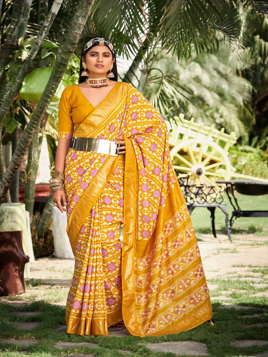 Stylum Women's Mustard Ikat Motifs Printed Foil Border Silk Saree (SRANURAMUSTARD)