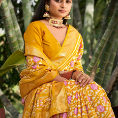 Stylum Women's Mustard Ikat Motifs Printed Foil Border Silk Saree (SRANURAMUSTARD)