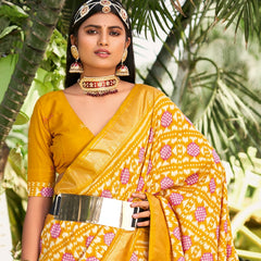 Stylum Women's Mustard Ikat Motifs Printed Foil Border Silk Saree (SRANURAMUSTARD)