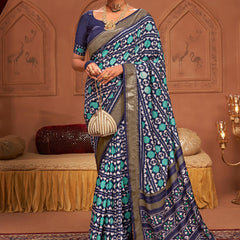 Stylum Women's Navy Blue Ikat Motifs Printeed Foil Border Silk Saree (SRANURANAVY)