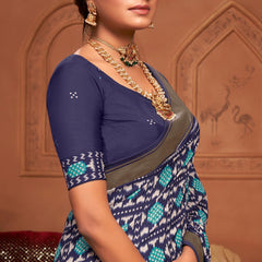 Stylum Women's Navy Blue Ikat Motifs Printeed Foil Border Silk Saree (SRANURANAVY)