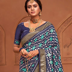 Stylum Women's Navy Blue Ikat Motifs Printeed Foil Border Silk Saree (SRANURANAVY)